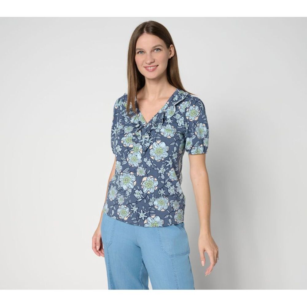 Gloria Vanderbilt Women's Top Sz M Cozy Knit Printed Ruffle Multi-colored